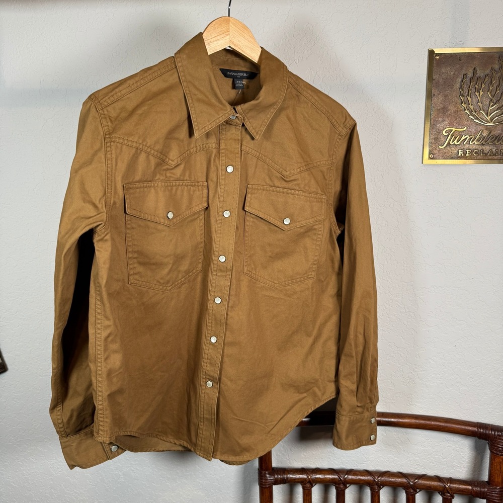 Banana Republic Womens XS Camel Brown Cotton Twill Western Snap Front Shirt